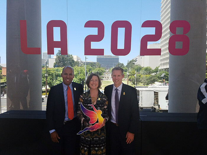 (pictured left to right) LA 2028 Chief Legal Officer Brian Nelson, LA 2028 Chief Impact Officer Brence Culp, and LA 2028 Chief Operating Officer John Harper
