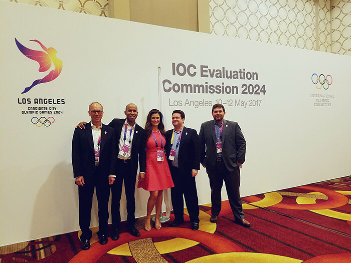 Evaluation Commission Legal (pictured left to right) United States Olympic Committee General Counsel Chris McCleary, LA 2028 Chief Legal Officer Brian Nelson, LA 2028 General Counsel Tanja Olano, Proskauer Rose LLP Partner Jon Oram, and LA 2028 Managing Counsel Jared Schott