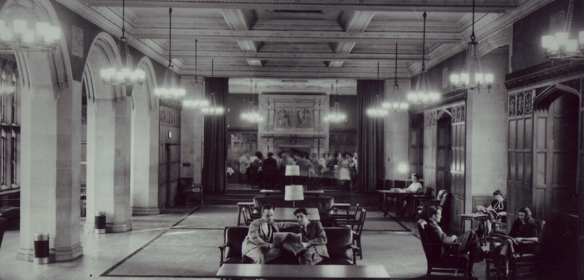 archival photo showing couches in dining hall
