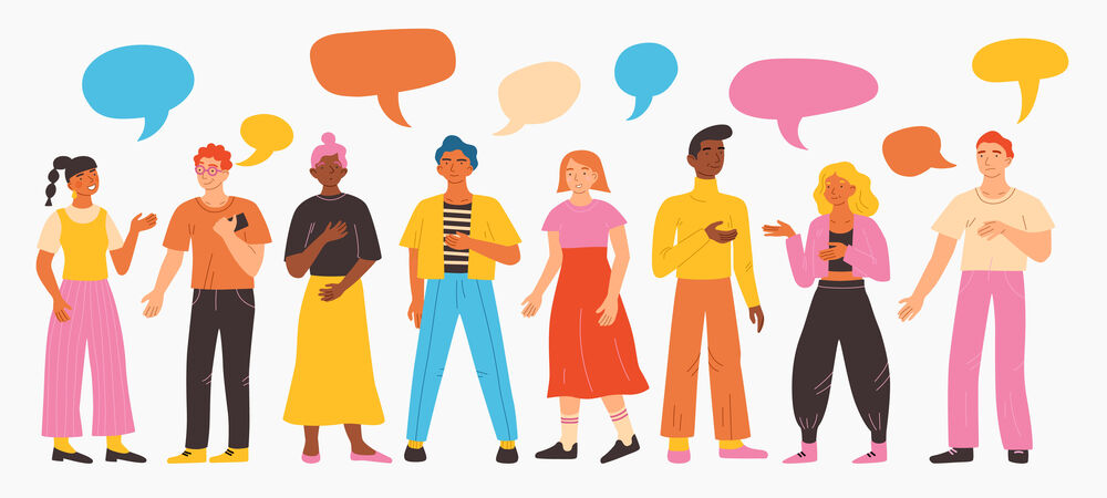 colorful illustration of people with speech bubbles above them