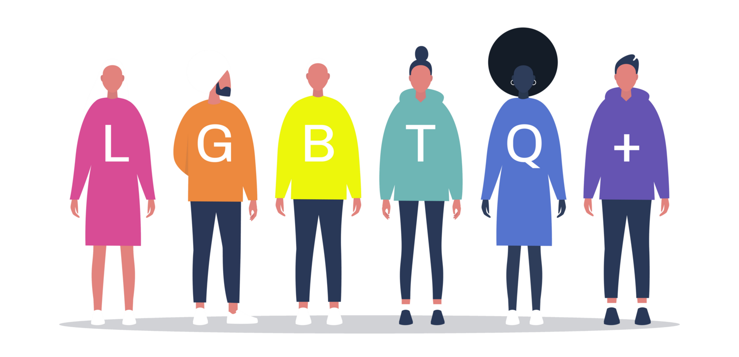 illustration of people wearing colored shirts that spell out LGBTQ+