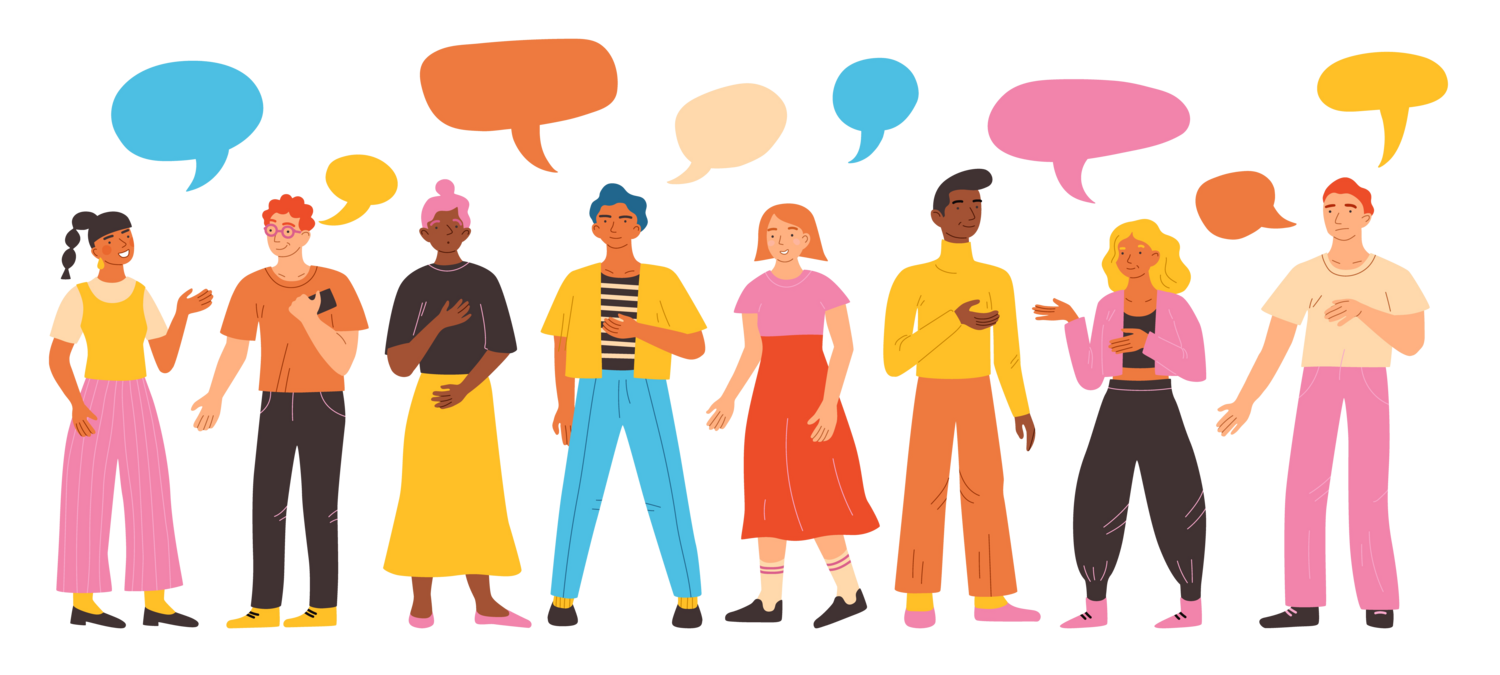 illustration of young people talking to each other with speech bubbles above them