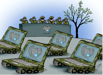 Cartoon of generals saluting laptop tanks