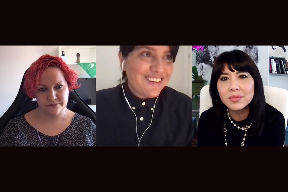 Panelists Aya Gruber, Mirta Moragas, and Estefanía Vela Barba on Zoom