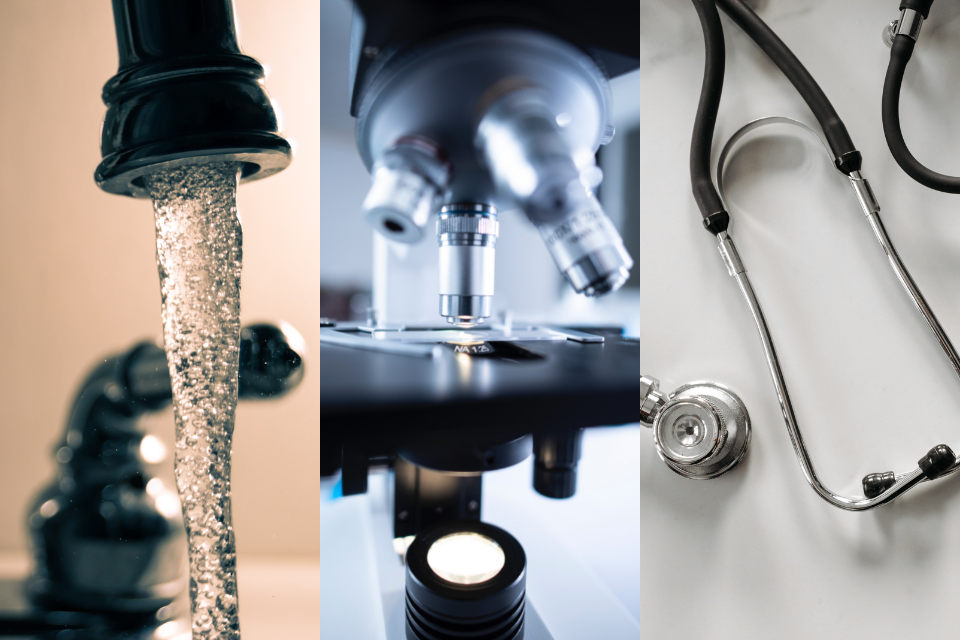 a running faucet, a microscope, and a stethoscope
