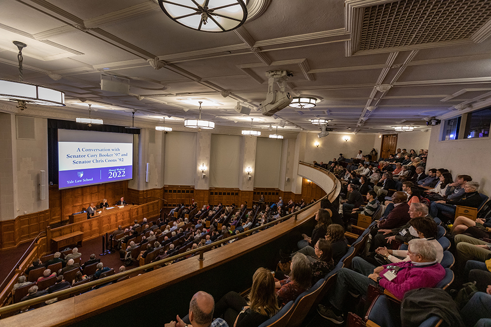a capacity crowd in the Law School auditorium