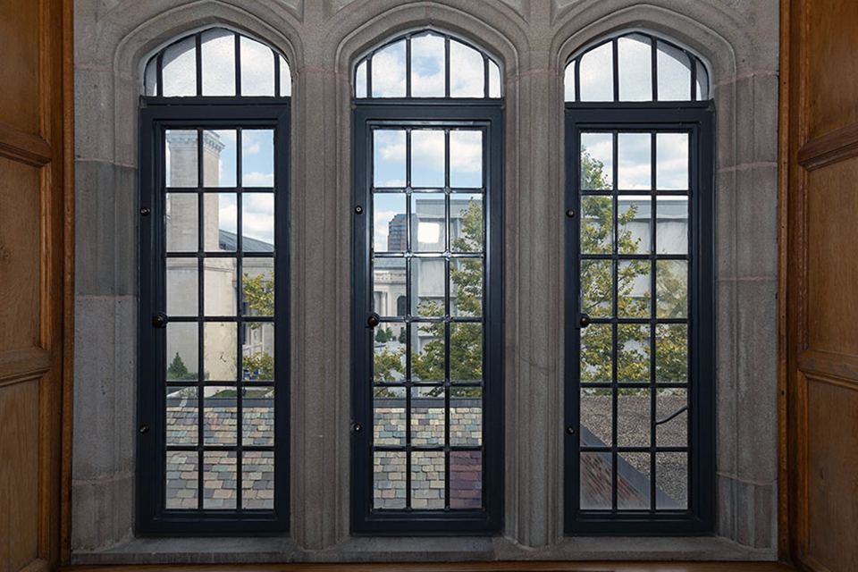 View of the Yale campus and New Haven through a window at Sterling Law Building