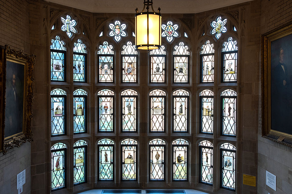 stained glass windows in a stairwell