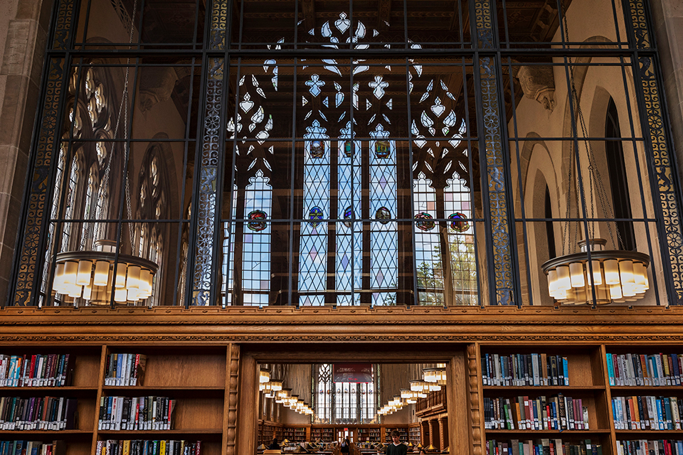 stained glass window and bookshelves in the YLS Library