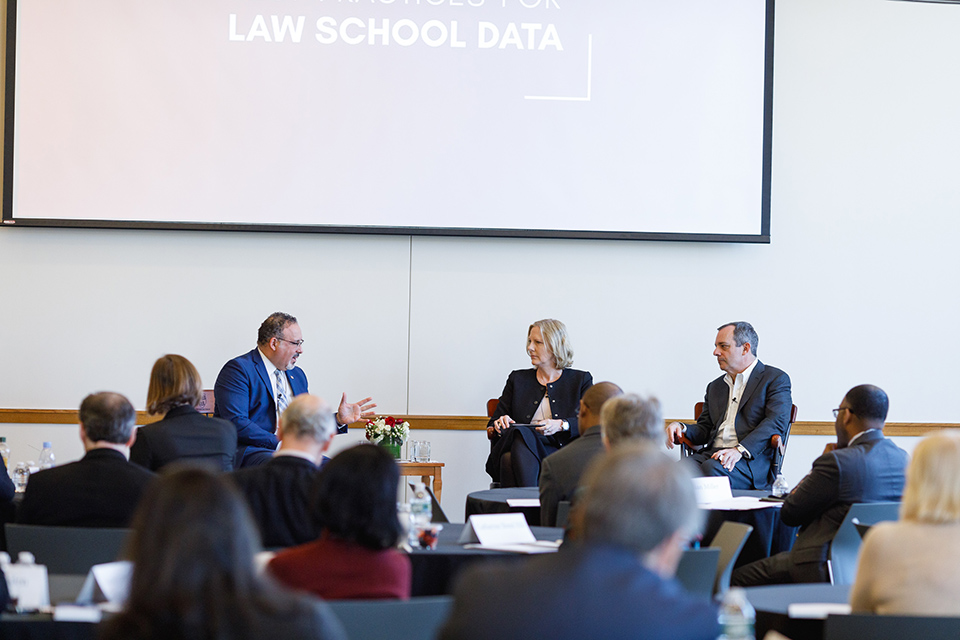 U.S Secretary of Education Miguel Cardona, Yale Law School Dean Heather K. Gerken, and Harvard Law School Dean John Manning 
