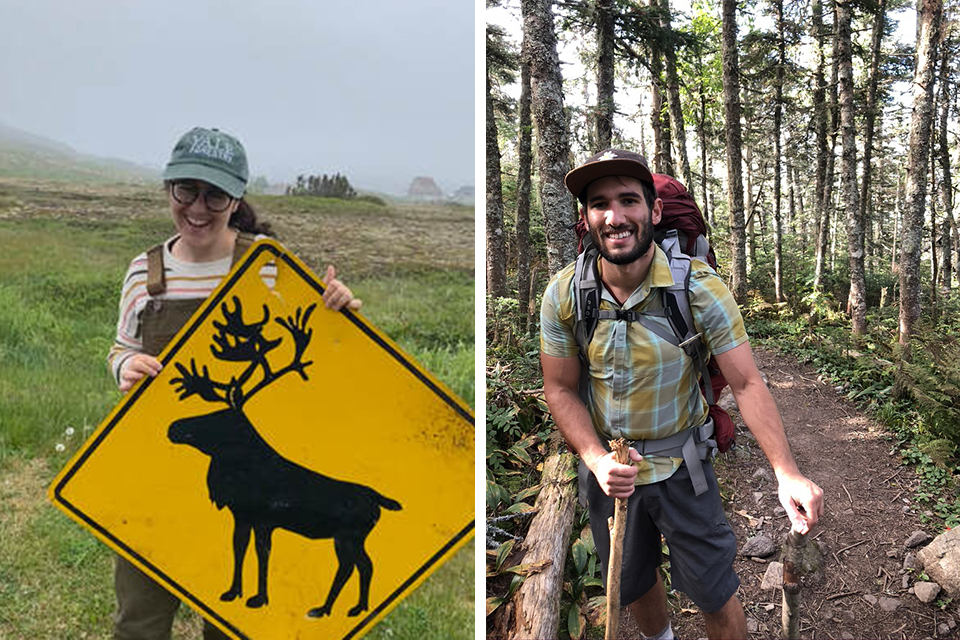 Kristy Ferraro stands in a field behind a yellow "moose crossing" traffic sign and and Diego Ellis Soto stands in the woods with a walking stick.