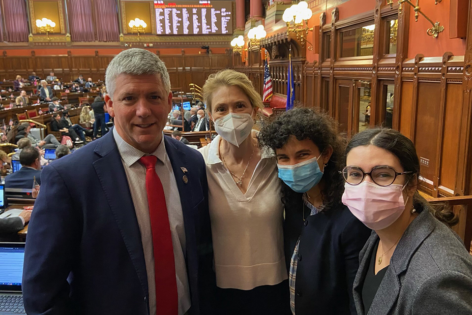 State Rep. Patrick Callahan, Liman Center Director Jenny Carroll, Ryanne Bamieh ’23, and Reed-Guevara ’23 at the Connecticut State House