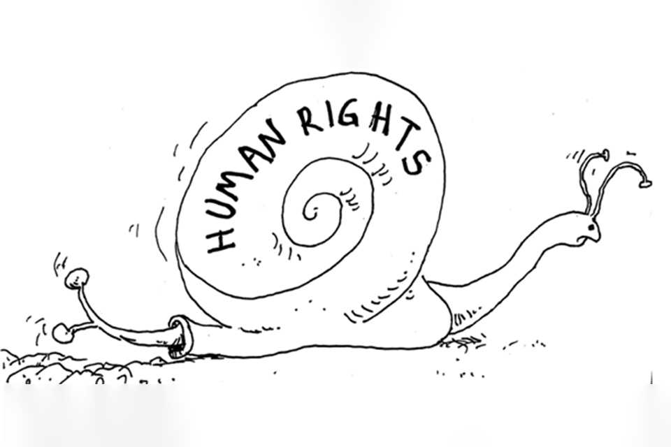A drawing of a snail with "human rights" written on the shell