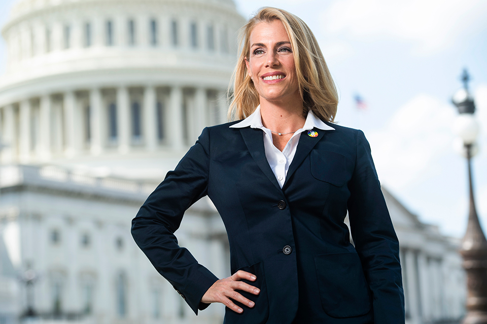 Sara Nelson looks ahead while standing in front of the U.S. Capitol.