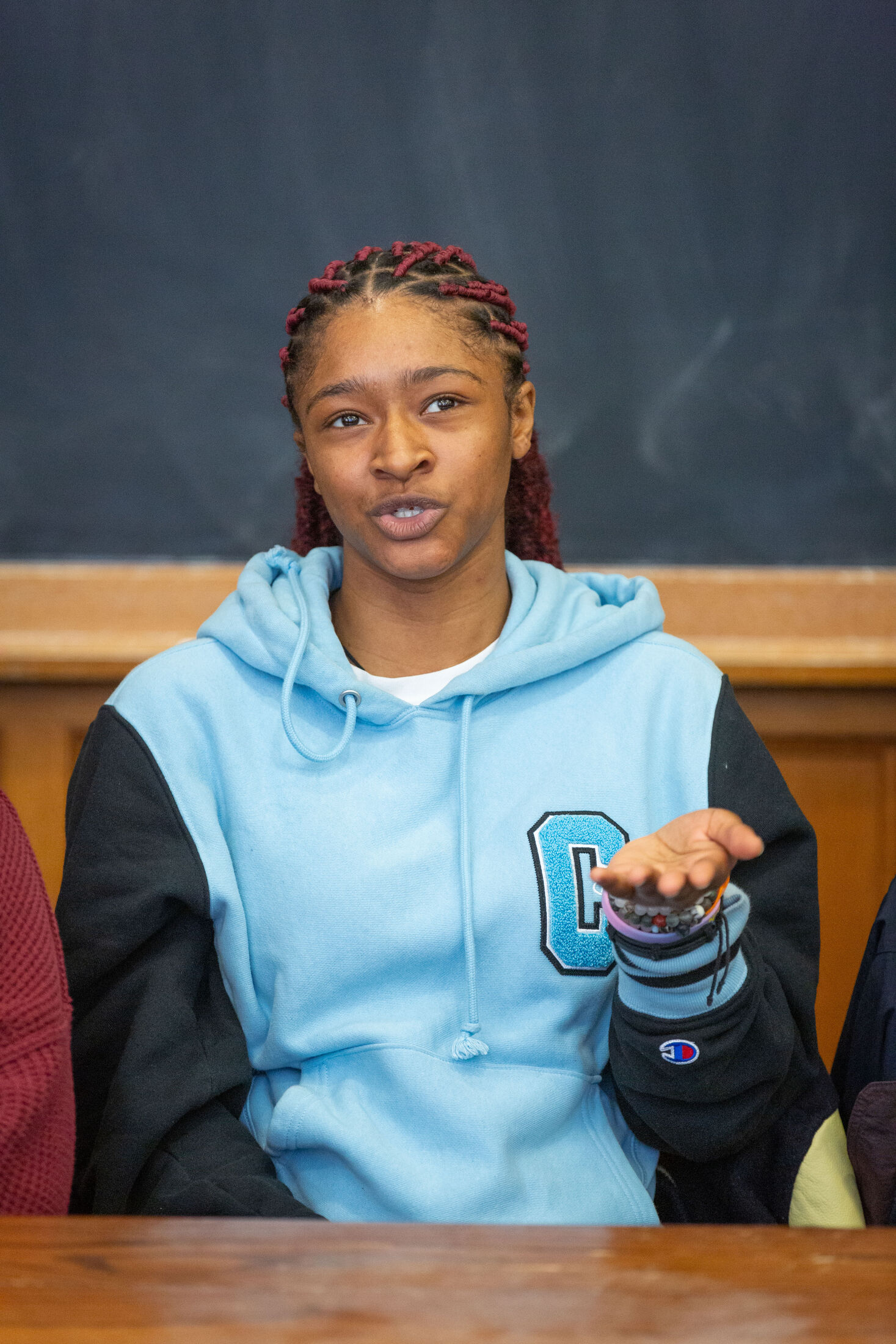 Co-Op student Alina Bajomo responds to a question during Professor Driver's class.