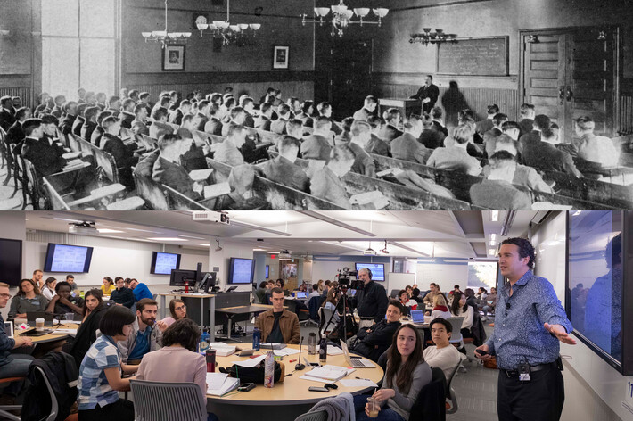 a split image consisting of a black and white photo of students in a classroom and a contemporary class at YLS