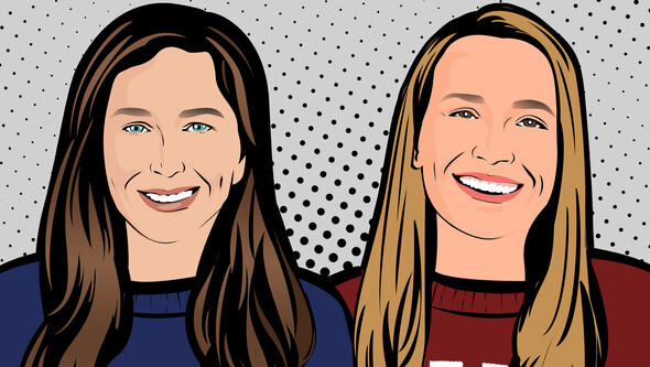 illustration of Miriam and Kristi in Yale and Harvard sweatshirts