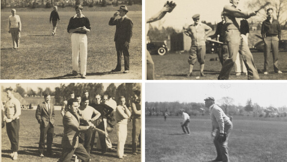 four black and whitephotographs of people playing baseball