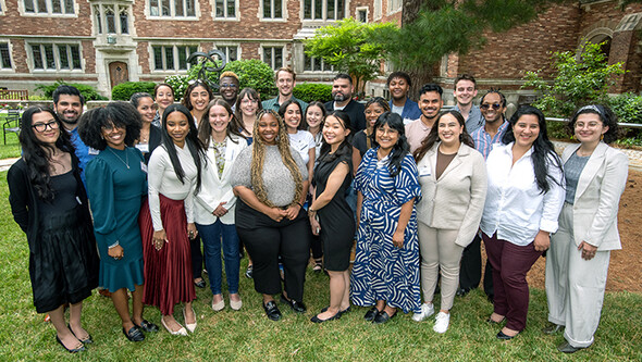 The first cohort of Launchpad Scholars stands in the courtyard at Yale Law School.