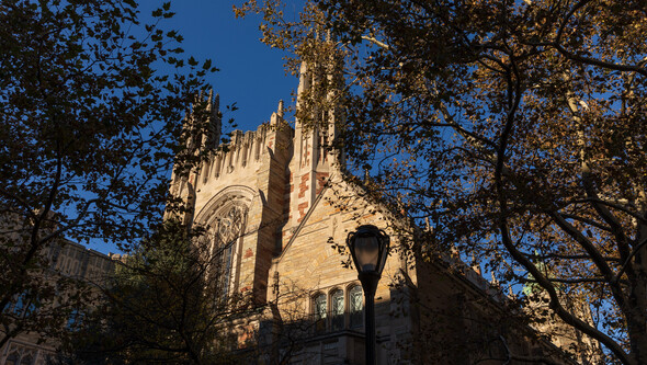 front of Yale Law School tower in sunshine