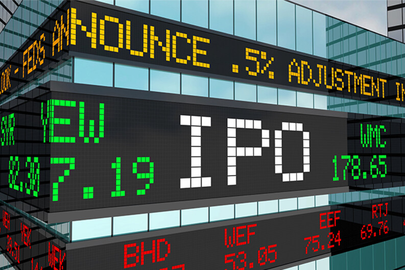 A stock ticker showing various prices with the letters IPO prominently displayed in the center