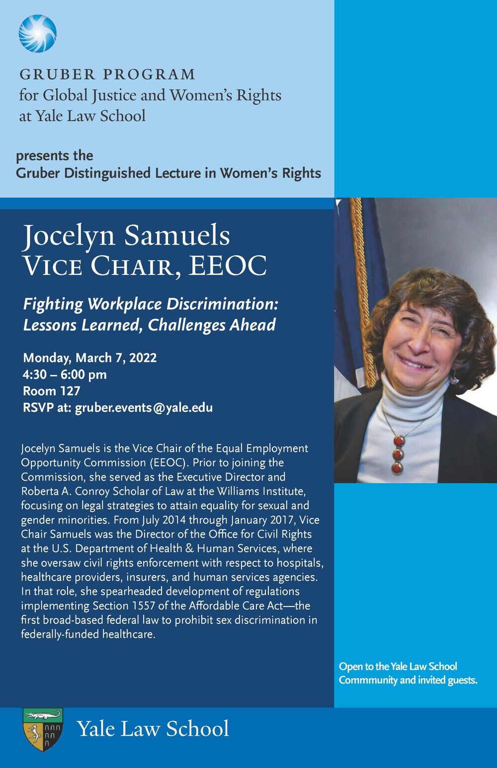 A poster for the Gruber Program lecture by Jocelyn Samuels titled, "Fighting Workplace Discrimination."