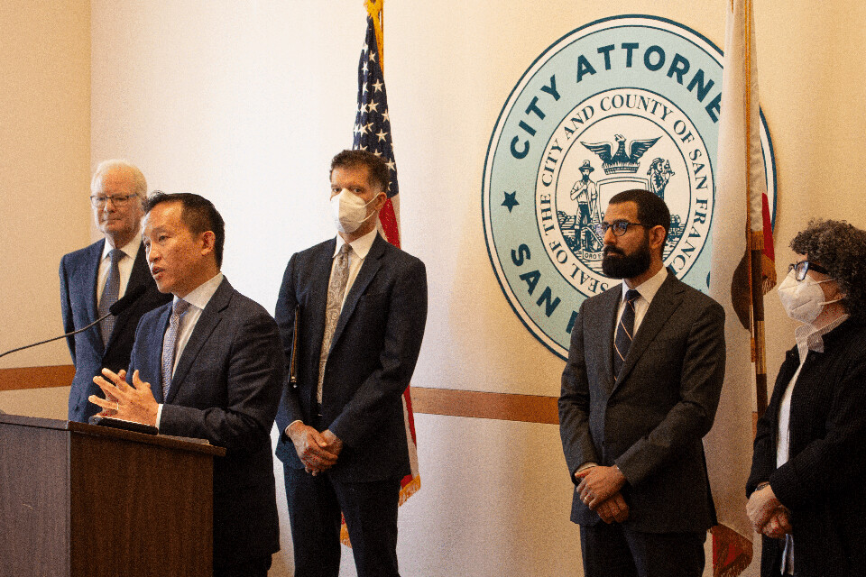City Attorney David Chiu at a press conference announcing the opioid litigation win
