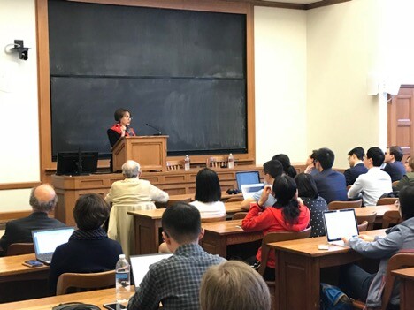 Ambassador Charlene Barshefsky speaking at the front of a classroom to an audience