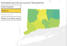A graphic showing a map of Connecticut titled Estimated Vaccines by county