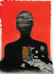 A mixed-media work of art showing the silhouette of a person in front of a red field with collaged words cut out of newsprint including "dirty," "house," "horders," "scared," and "children."