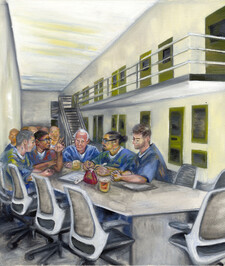 A drawing of a group of men in prison jumpsuits sitting around a table with prison cells in the background