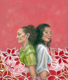 A drawing of two women, seated back to back with red and pink flowers in their laps, in front of a pink colorfield