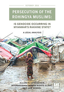 Book jacket cover titled Persecution of the Rohingya Muslins with image of woman standing in mud in front of tents