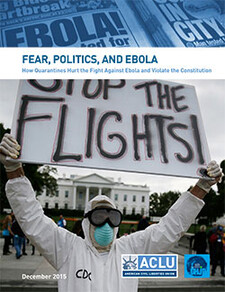 Book cover titled Fear, Politics and Ebola with image of man in hazmat suit holding a sign reading Stop the Flights