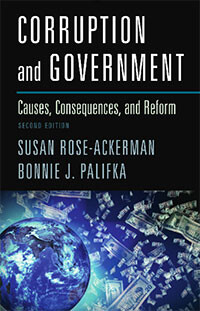 Book cover with title Corruption and Government with an image of dollar bills swirling around the earth