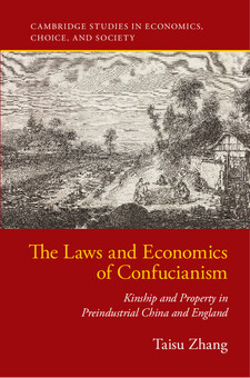 Book cover with title The Laws and Economics of Confucianism with a red background and a pen and ink drawing of a rural scene