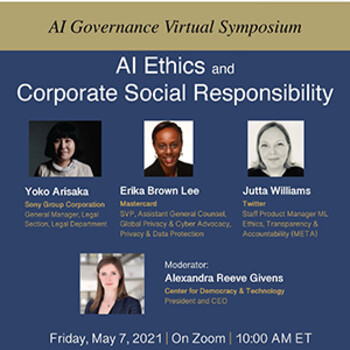 A poster for the event "AI Ethics and Corporate Social Responsibility." See below for further details.