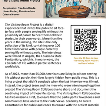 A poster for The Yale Law and Racial Justice Center's event titled "Facing Life, Featuring The Visiting Room Project." It includes a QR code on the right side of the page for archival materials.