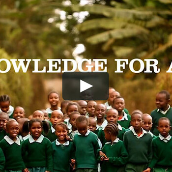 A screenshot from a Bridge International Academies promotional video showing multiple African schoolchildren and the banner "Knowledge for All."
