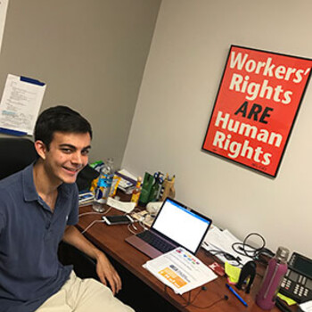 Jordan Cozby at Global Labor Justice's office in Washington, D.C.