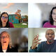 Four photos of people talking, arranged in a grid
