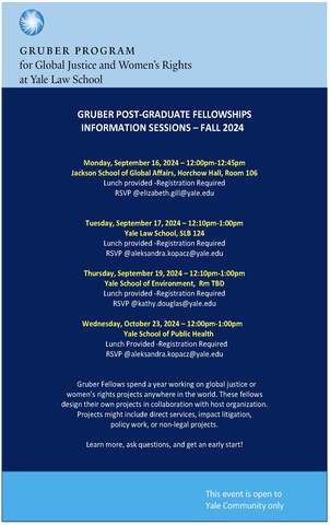 Poster advertising Gruber Center Fall 2024 fellowship information sessions