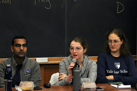 Three people seated in front of a chalkboard. The one at center is speaking into a microphone.
