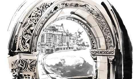 black and white drawing of an archway looking into the YLS Courtyard