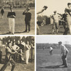 four black and whitephotographs of people playing baseball