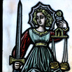 Sterling Law Building window depicting "Justice"