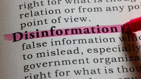 A pink highlighter marks the word “disinformation” printed on a page with its definition