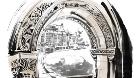 black and white drawing of an archway looking into the YLS Courtyard