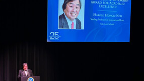 Harold Hongju Koh giving an acceptance speech