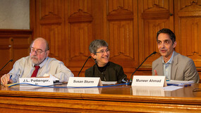 Professor J.L. Pottenger Jr. ’75, Susan Sturm, and Deputy Dean for Experiential Education Muneer Ahmad at a panel in April 2022